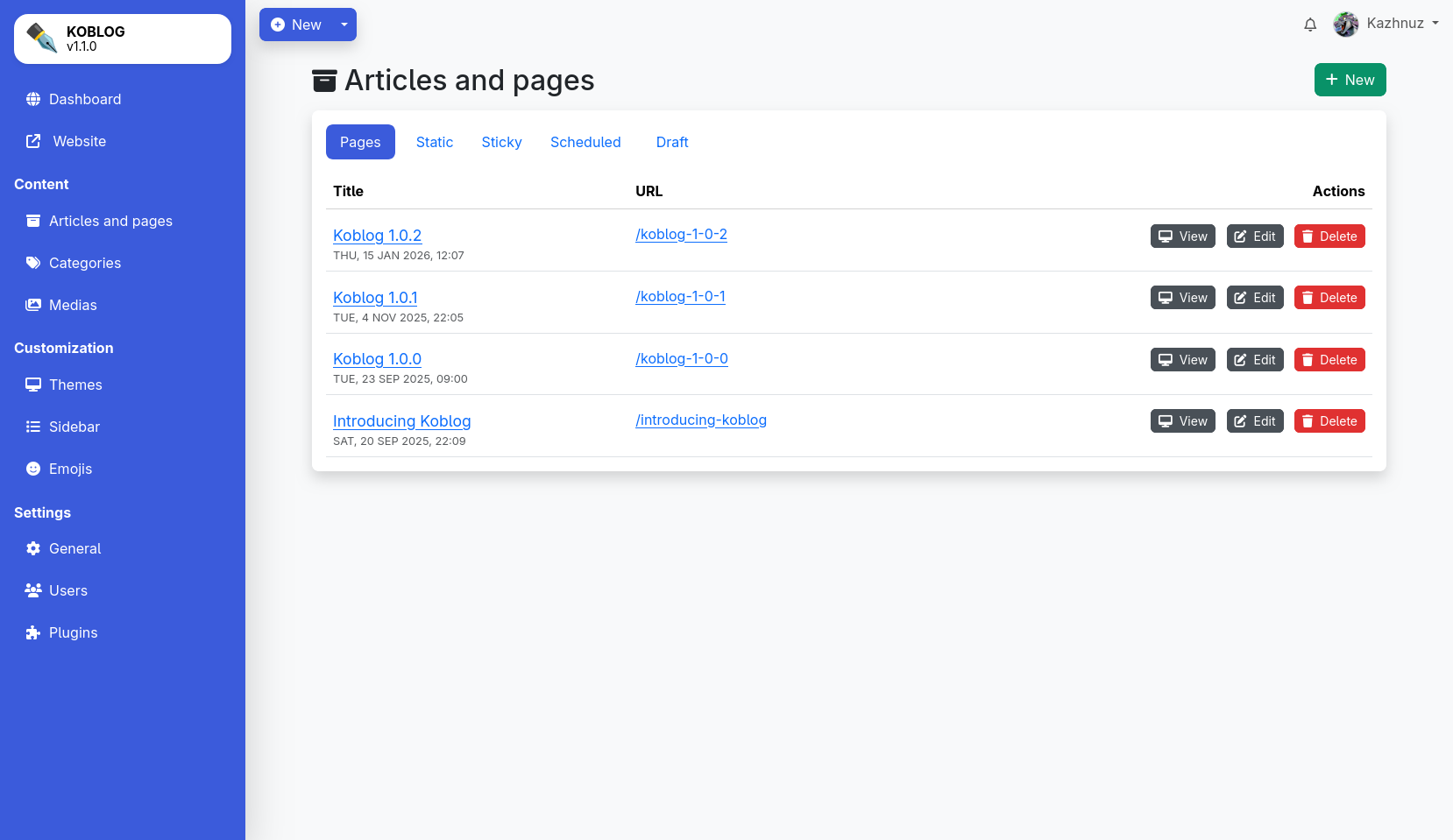 A screenshot of the admin panel of Koblog, showing the interface to create an article