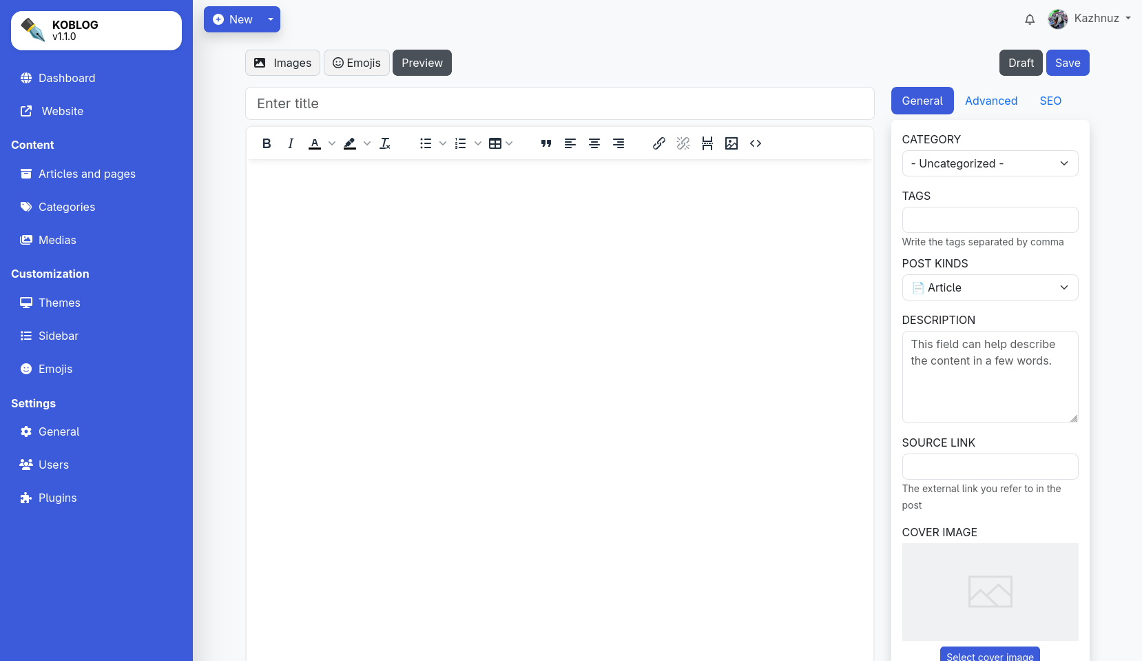 A screenshot of the admin panel of Koblog, showing the interface to create an article